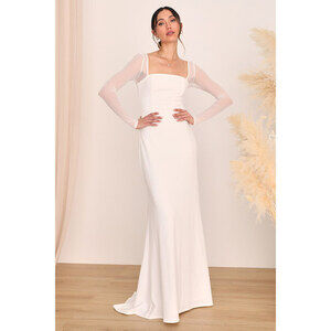 Lulus Lovingly Yours White Mesh Long Sleeve Maxi Dress - Size M